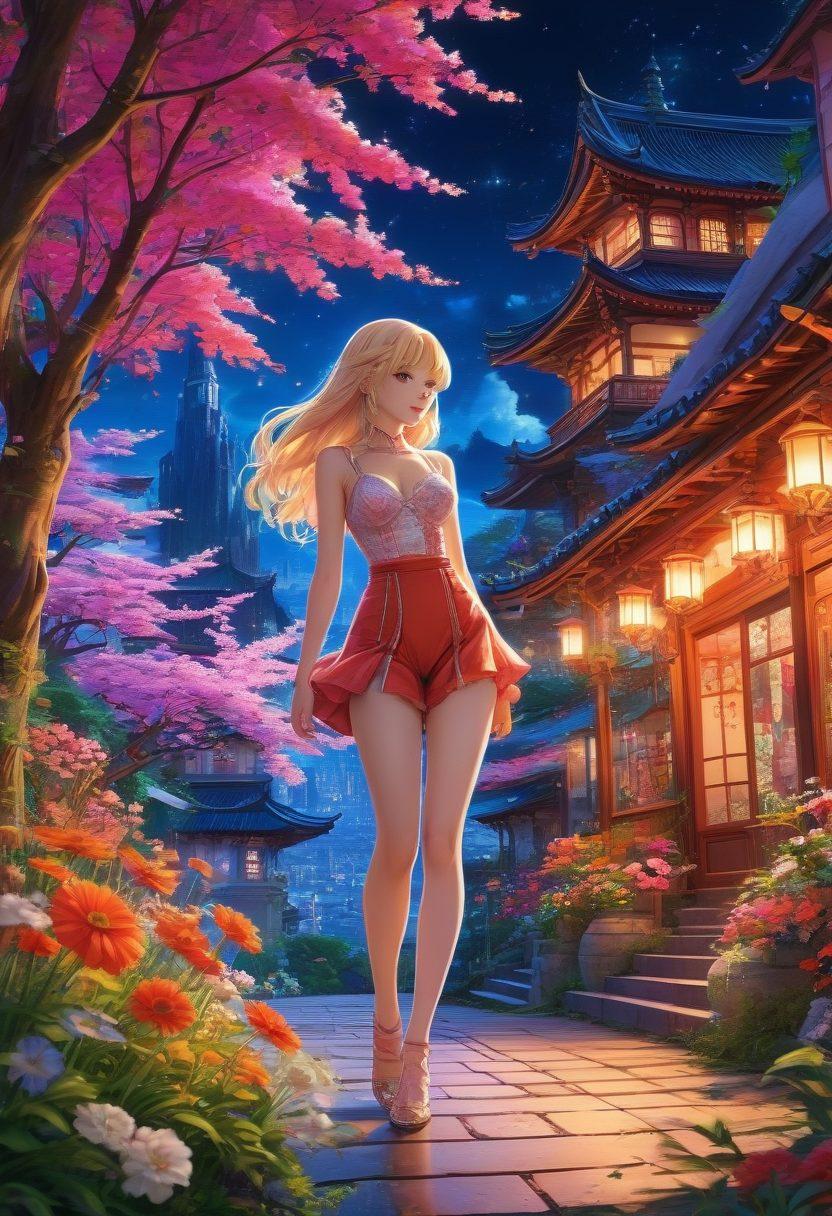 A colorful and dynamic scene showcasing various erotic anime characters in a lush, fantastical landscape filled with vibrant flowers and surreal architecture. Include elements like shimmering lights and abstract shapes to add depth and intrigue, while hinting at diverse styles of adult anime art. Capture a sense of adventure and exploration within a captivating visual narrative. vibrant colors. fantasy art. 3D.