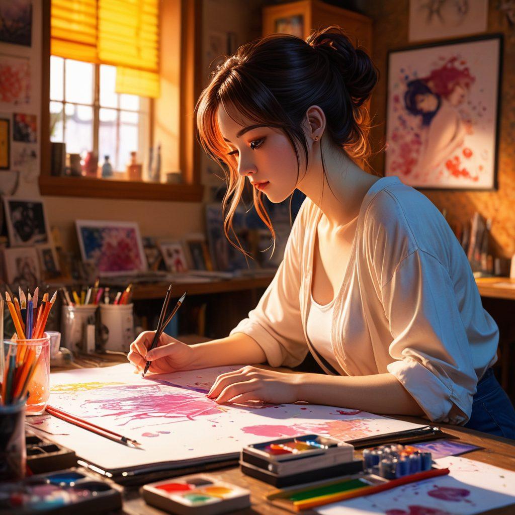 A dynamic and sensual scene showcasing an artist's studio filled with sketches and colorful inks. In the foreground, a skilled animator works passionately on a vibrant and tasteful erotic anime illustration, surrounded by art supplies and soft, magical lighting. Rich colors blend beautifully, hinting at both artistry and intimacy, while anime characters with expressive features come to life on the canvas. The atmosphere is warm, inviting, and creative, with playful elements reflecting the anime theme. super-realistic. vibrant colors. soft focus.